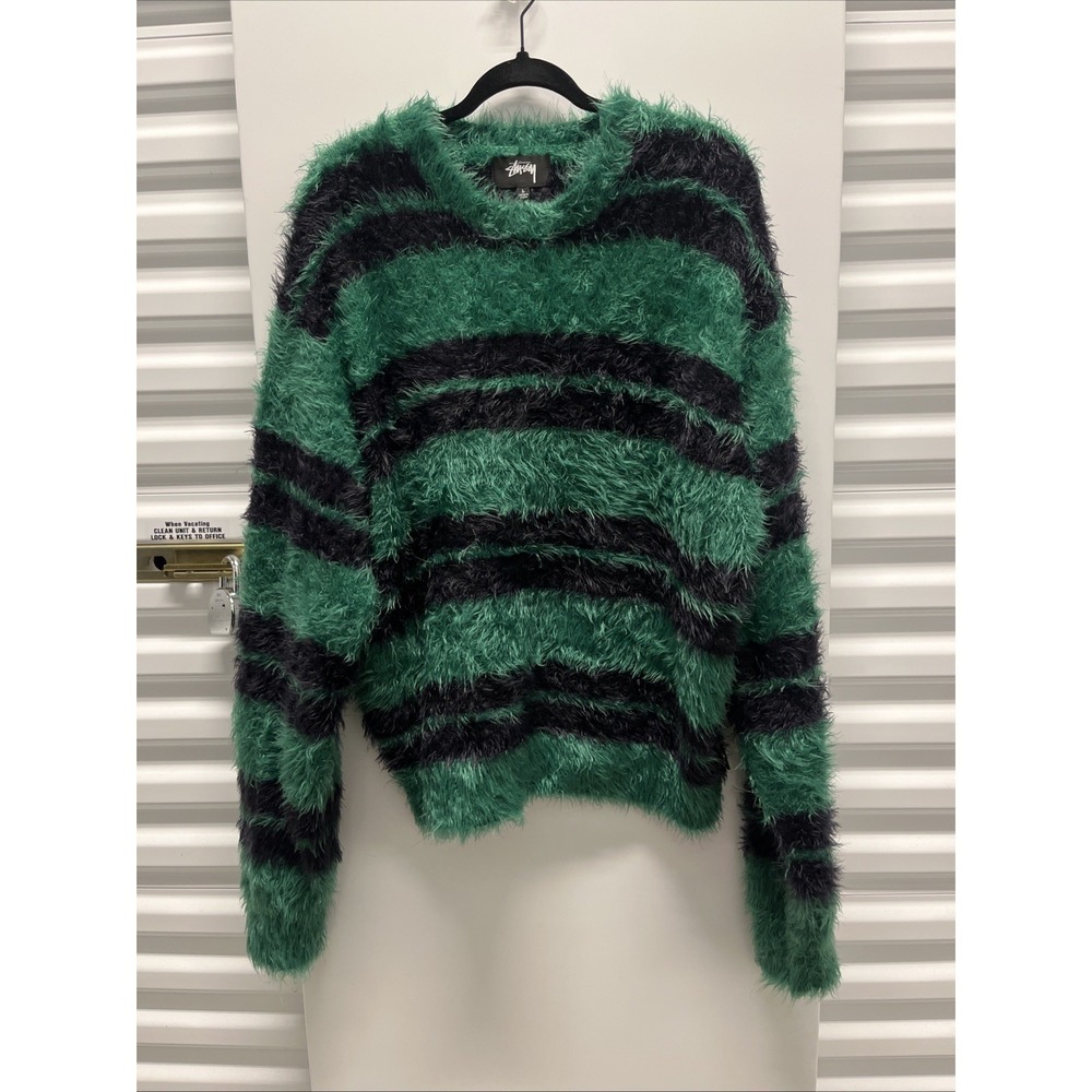 Rare Stussy Men's Hairy Stripe Crew Sweater Black/Green Size Large Excellent